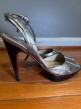 Cole Haan Metallic Silver Peep-Toe Platform Slingback Heels